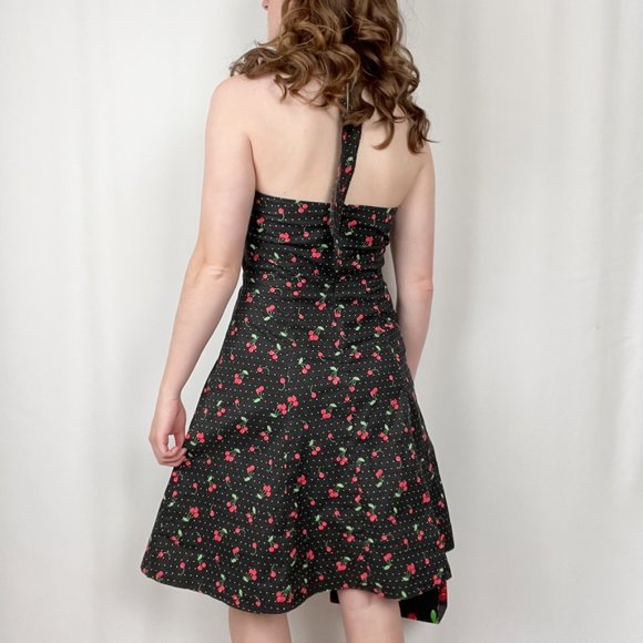 Vintage USA Pin-Up Novelty Cherry Print A-Line Fit & Flare Midi Fun Summer Dress - Picture 3 of 7